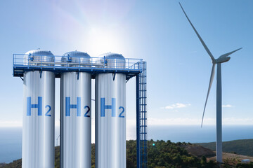 Green hydrogen factory concept. Hydrogen production from renewable energy sources