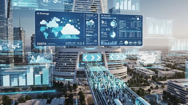Data-driven city concept with layered digital overlays