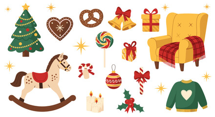 Fototapeta premium Festive Christmas Holiday Collection featuring Christmas Tree, Cozy Armchair, and Gifts evokes Nostalgia and Comfort, perfect for seasonal designs and warm winter atmosphere illust.