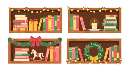 Obraz premium Festive Christmas Bookshelves Display Decorations for Holiday Celebration: A cozy collection with gifts, garlands, wreaths, lights, and books creates a warm traditional seasonal sp.
