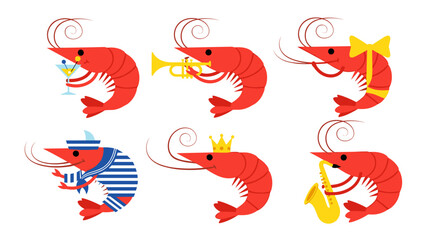 Obraz premium Funny shrimp cartoon characters celebrate with a cocktail, trumpet, bow, sailor outfit, crown, and saxophone for party invitations, posters, greeting cards, or cute graphic designs