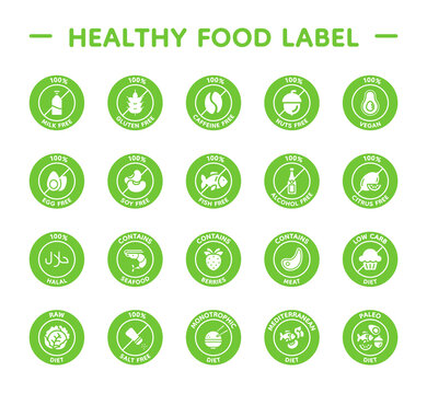 Vegetarian icons. Vegan gluten, lactose free symbol or no added sugar stickers. Healthy food. Farm raw ingredient. Fresh local products logotype collection. Vector line isolated set