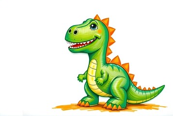 Obraz premium Childish Crayon Drawing of Cute Green T-Rex Dinosaur