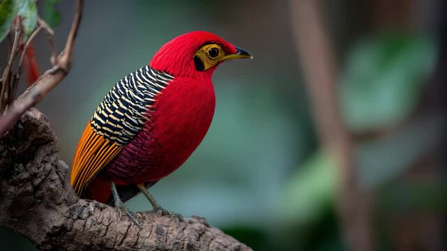Vibrant red bird with black and yellow feathers perched on branch