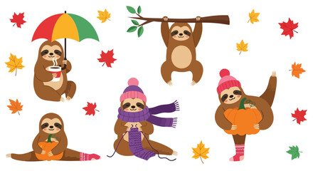 Fototapeta premium Cute cartoon sloths enjoying autumn activities set.
