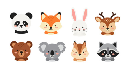 Fototapeta premium Cute cartoon animal faces set including panda fox rabbit deer bear koala squirrel and raccoon.