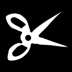 Minimal white scissors on black background. Hand drawn design.