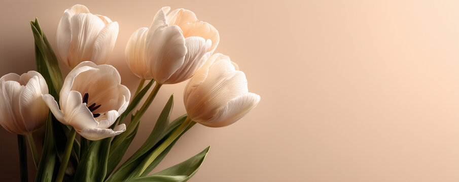This stunning bouquet of vibrant tulips is elegantly presented against a soft beige background. Theres ample space on the left side, making it ideal for incorporating design elements or personalized t