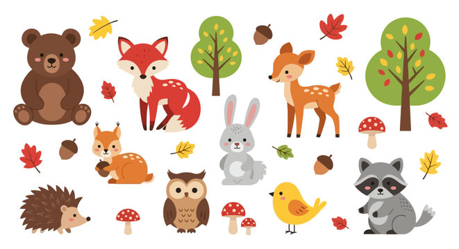 Cute forest animals set with bear fox deer rabbit squirrel owl hedgehog raccoon bird.