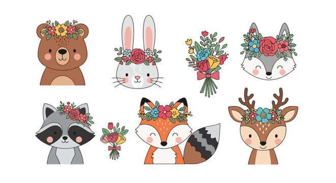 Cute Woodland Animals with Floral Crowns and Bouquets.