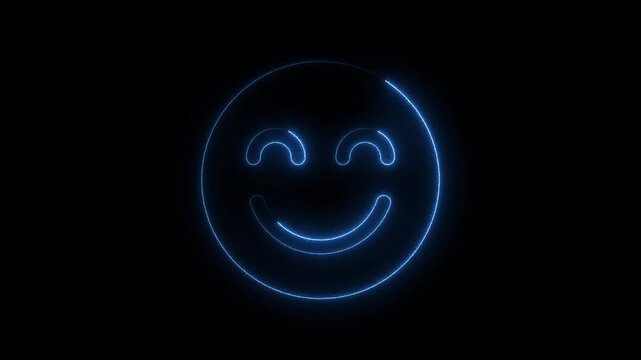 Glowing Blue Smiling Face Emoticon Neon Light Circle on Black Background smiley face