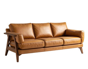 Obraz premium A stylish brown leather sofa with wooden frame on transparent background