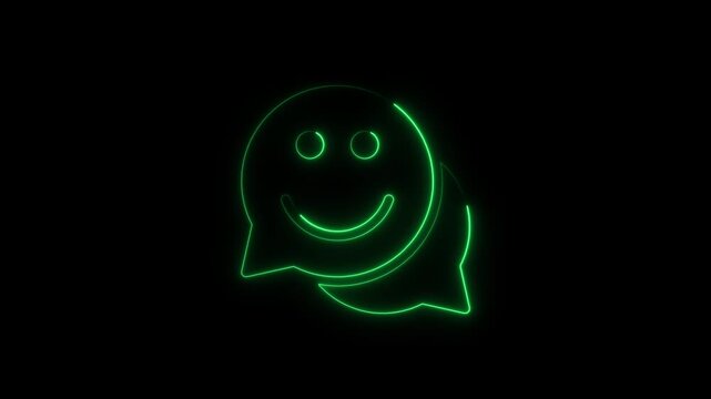 Glowing Green Smiling Chat Bubble Neon Sign on Black Background Communication Symbol glowing green smiley face