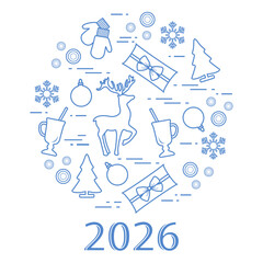 Christmas holiday design with reindeer, gifts, and decorations on white background for 2026