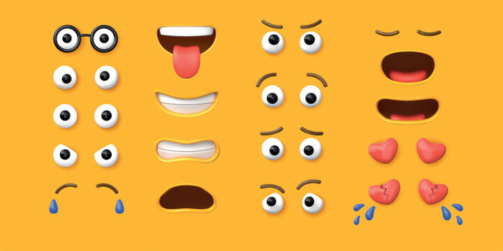 3d face. Cartoon broken heart emoji. Fun character emoticon creator with happy expression. Facial kit. Avatar emotion parts. Emotional smile. Vector constructor isolated elements set