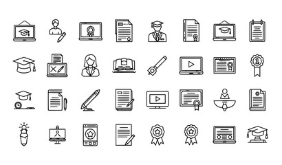 Fototapeta premium Minimal outline education icons vector set for online learning and academic apps