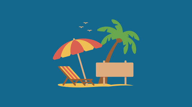 Beach vacation illustration, tropical paradise getaway, palm tree umbrella lounge chair sign