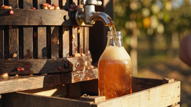 Fresh apple cider flowing from wooden press into bottle in orchard. Warm golden sunset light, rustic farm atmosphere.
