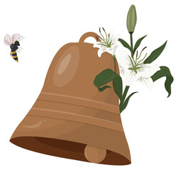 Easter Bell With Lily Flowers and Bee isolated on transparent background.  Easter concept. Responsible easter. Zero waste easter. Nature and environment. Holiday designs. Vector illustration