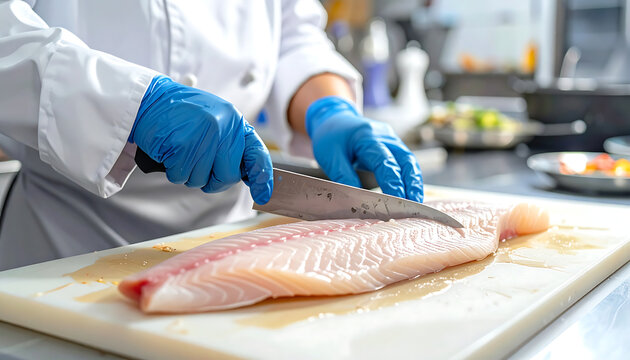 Professional chef in white uniform slicing a large fresh fish fillet with a sharp knife in a clean kitchen.