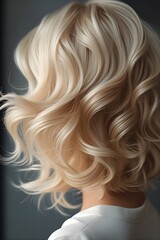Naklejka premium A detailed close-up image showcasing voluminous, freshly styled blonde hair that highlights its natural texture, shine, and fullness.