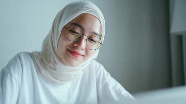 Beautiful Young Asian Muslim Woman Wearing Hijab and Eyeglasses Relaxing Indoors