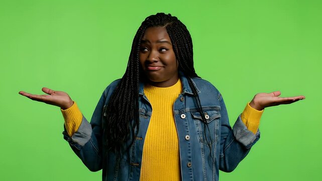 Young African American woman shrugging with hands up, expressing uncertainty, confusion, or "I don't know" on green screen. Perfect for portraying doubt, indecision,