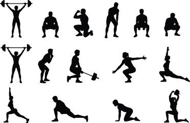 Naklejka premium Silhouette figures performing various fitness, yoga, and stretching exercises including squats, lunges, weightlifting, and balance poses for health, strength, and flexibility training
