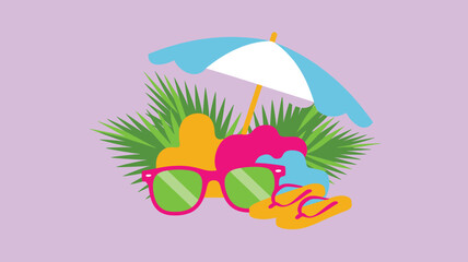 Fototapeta premium Summer beach accessories illustration with colorful umbrella, stylish sunglasses, tropical leaves and flip flops