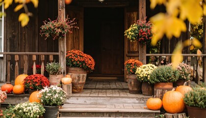 Obraz premium A cozy rustic wooden porch adorned with vibrant autumn pumpkins and potted chrysanthemums.