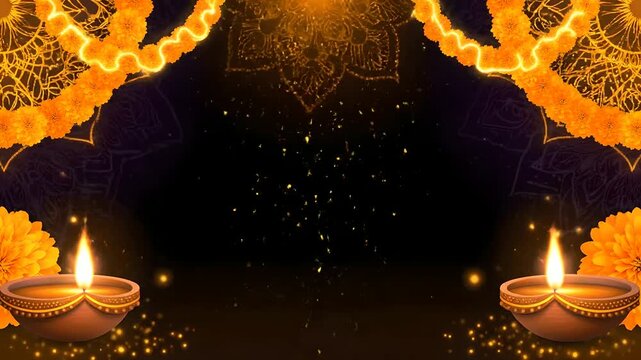 Diwali background with glowing traditional diya lamps, marigold garlands, and animated golden mandala patterns, perfect for Indian festival greetings, cultural event invitations, spiritual videos,