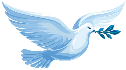 Obraz premium Flying white dove with green olive branch, symbolizing peace, hope, freedom, love, and spirituality on a clear background.