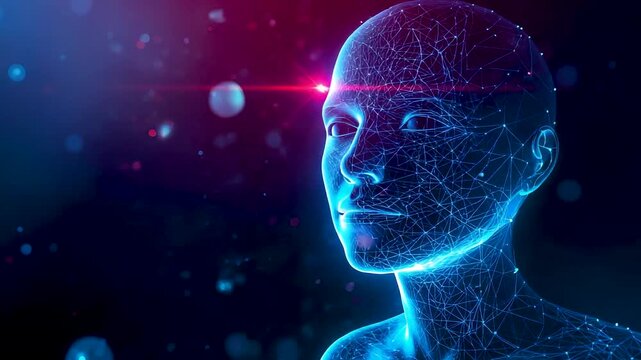 Glowing digital human face formed by blue data particles and light nodes, advanced artificial intelligence visualization in dark space