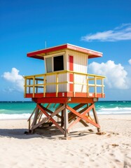 Obraz premium A vibrant red and white lifeguard tower stands tall on a sunny tropical beach.