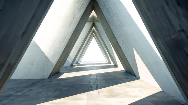 Minimal concrete triangular corridor with sharp geometric symmetry and natural light creating clean modern architectural interior depth