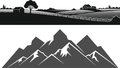 Obraz premium Contrasting landscapes agricultural field and mountain range silhouettes