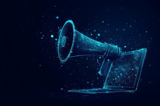 Blue digital megaphone emerging from laptop screen