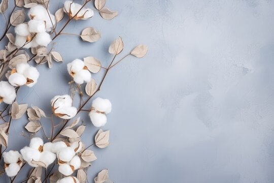 Delicate composition featuring cotton flowers and dried eucalyptus leaves arranged on a textured blue background, providing ample copy space