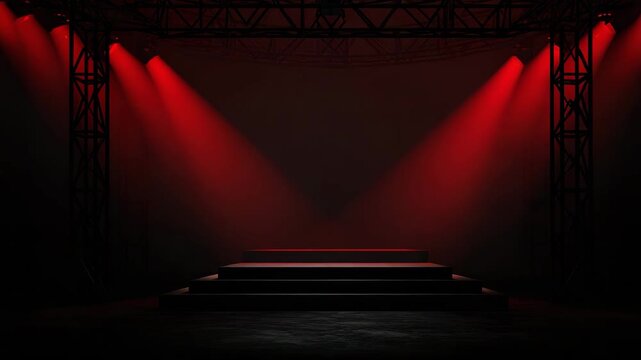 A dark stage with red spotlights shining down on steps leading up to a platform