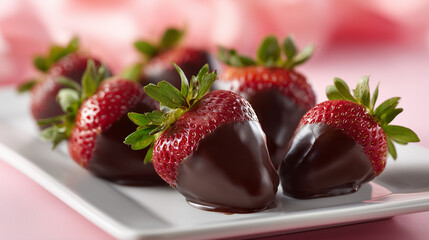 chocolate covered strawberries arranged elegantly, glossy dark chocolate coating, fresh ripe strawberries, romantic valentine theme