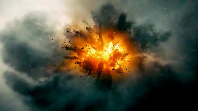 Fiery explosion erupting through dense storm clouds with debris and intense light burst creating dramatic atmospheric impact
