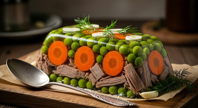 Gourmet Aspic Jelly Terrace: Beef, Green Peas, and Carrots with Fresh Dill