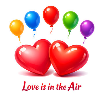 AI Love Rhythm Hearts. AI illustration with two red isometric hearts slightly tilted, floating colorful balloons above on white background, light and shadows, romantic design for love and celebrations