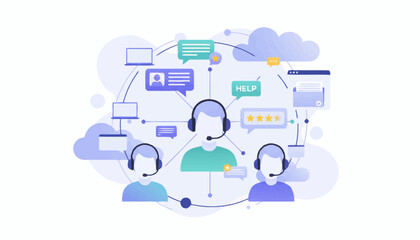 Team of People Wearing Headsets in a Call Center Illustration Showcasing Communication Icons in a Flat, Circular Design