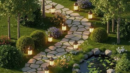 Obraz premium Serene Garden Pathway With Lanterns And Pond
