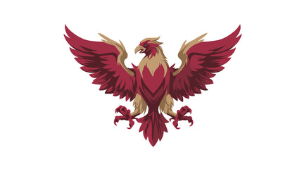 Obraz premium Majestic Red and Gold Mythical Bird with Spread Wings, Phoenix or Eagle Emblem Vector Illustration on White Background