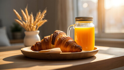 Delicious croissant and fresh orange juice in a jar for breakfast served on wooden table with decorative wheat in background in morning light