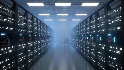 Obraz premium Futuristic data center server room with advanced technology infrastructure.
