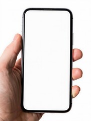 A hand holding a modern black smartphone with a blank white screen facing forward