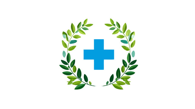 Blue Cross in Green Leaf Wreath Icon for Health, Medical, Wellness, Natural Healing, and First Aid Concepts Illustration